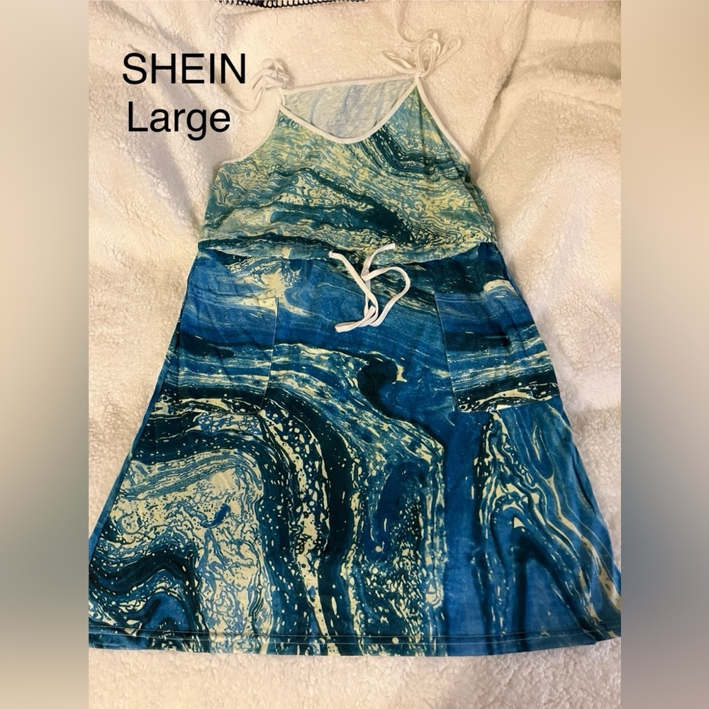 SHEIN Marble Blue and Cream Midi Dress
